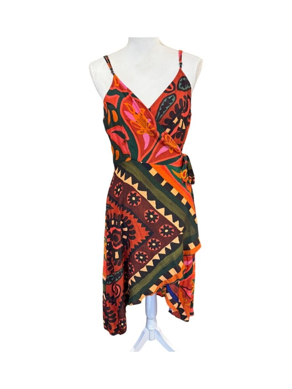Farm Rio x Anthropologie Hanky Tribal Print Midi Wrap Dress, Large petite NWT